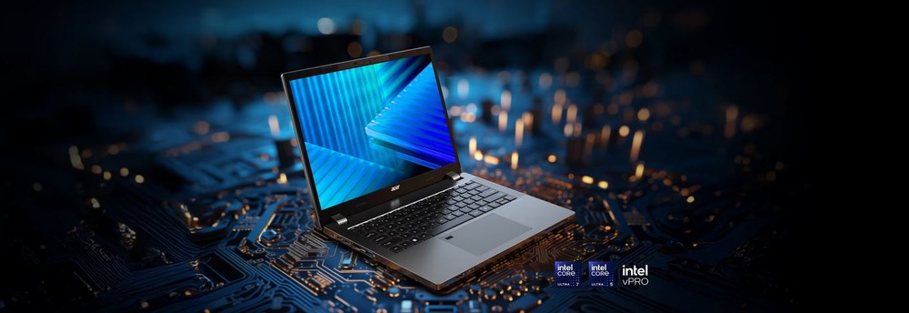 Notebook Acer TravelMate P2 14 (TMP214-56-TCO-32RF) strieborný Elegantný notebook s jasne modrou obrazovkou je umiestnený na pozadí s obvodovou doskou, čo vyžaruje high-tech profesionálny dojem. Vidíme logá Intel Core a Intel vPro.