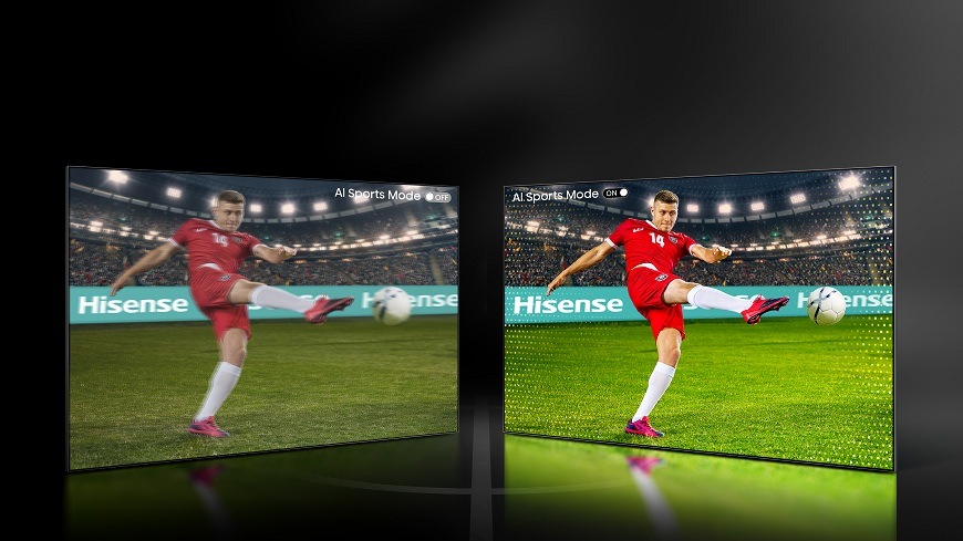 Televízor Hisense 55UR8S vylepšený obraz futbalistu pri hre na obrazovke Televízia Hisense 55UR8S