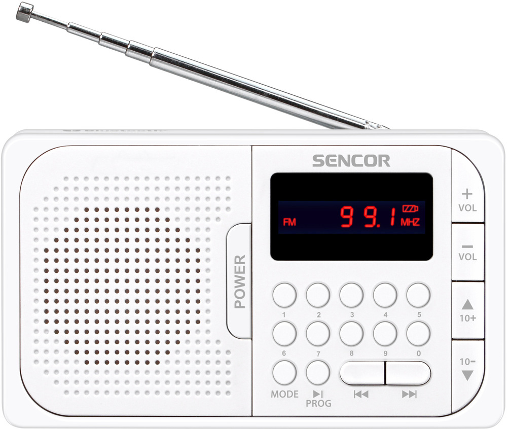 Rádioprijímač Sencor SRD 216WH biely Prenosné rádio Sencor s teleskopickou anténou a klávesnicou predvolieb, čelný pohľad.