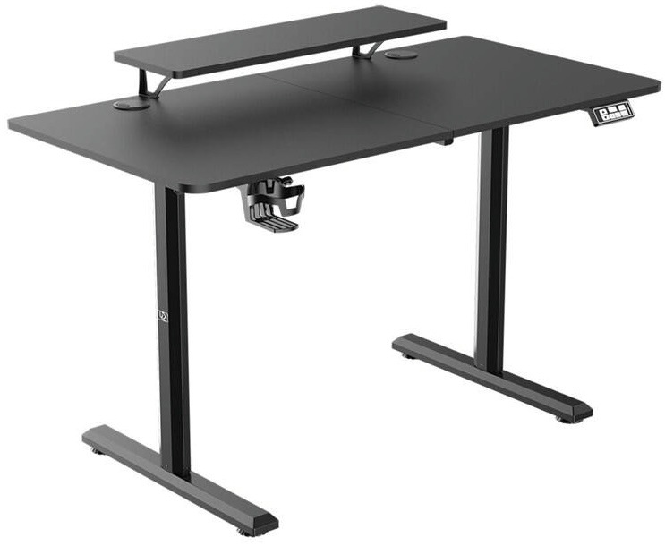 čierny elektrický výškovo nastaviteľný stôl ULTRADESK Highlander s policou na monitor a ovládacím panelom
