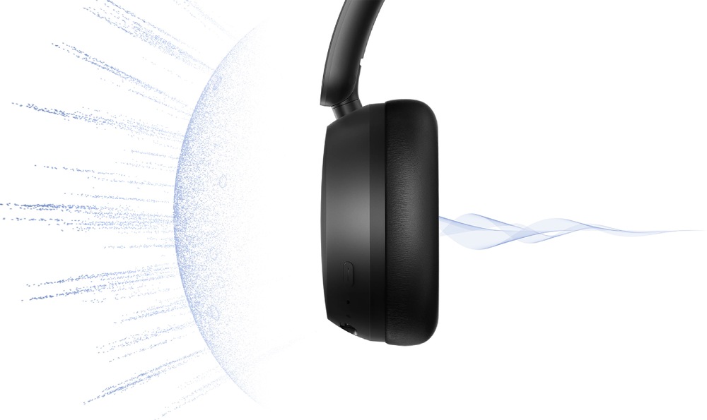 Slúchadlá Xiaomi REDMI Headphones Neo Obsidian čierna Detail slúchadla Xiaomi REDMI Headphones Neo so zvukovými vlnami symbolizujúcimi potlačenie hluku