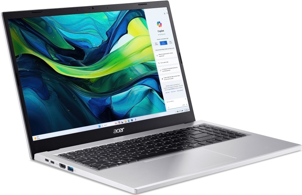 Notebook Acer Aspire Go 15 (AG15-41P-R3CW) strieborný Pohľad šikmo na ľavú stranu laptopu Aspire Go 15″ width=
