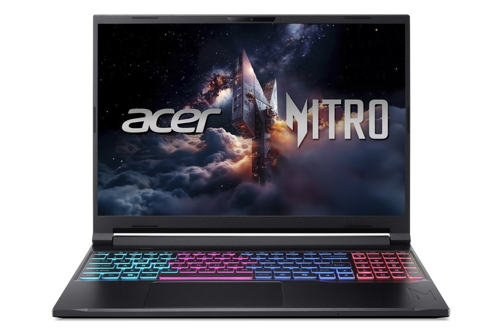 Notebook Acer Nitro V 16S (ANV16S-71-70EW) čierny Otvorený a zapnutý notebook Acer Nitro V 16S