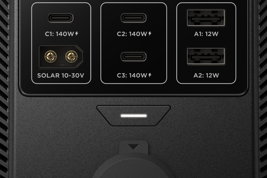 Detail piatich USB portov a solárneho vstupu batériovej stanice EcoFlow TRAIL 300 Plus