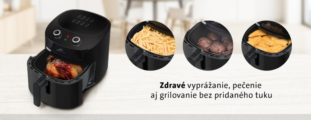 Fritéza teplovzdušná ETA Fritta 2168 90000 čierna Čierna teplovzdušná fritéza ETA Fritta zobrazujúca zdravé varenie; detail s kuraťom vo fritéze a kruhové výrezy s hranolkami, mäsovými guličkami a nugetami. Text: Zdravé vyprážanie, pečenie aj grilovanie bez pridaného tuku