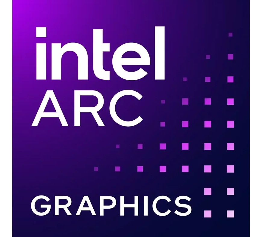 Procesor Intel Core Ultra 7 270K Plus Logo Intel Arc Graphics na fialovom pozadí symbolizujúce integrovanú grafiku