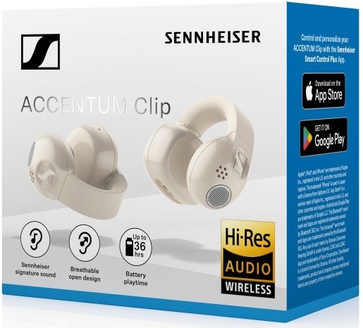 Slúchadlá Sennheiser ACCENTUM Clip krémová Krabica slúchadiel Sennheiser Accentum Clip s vyobrazením funkcií a výdrže batérie.