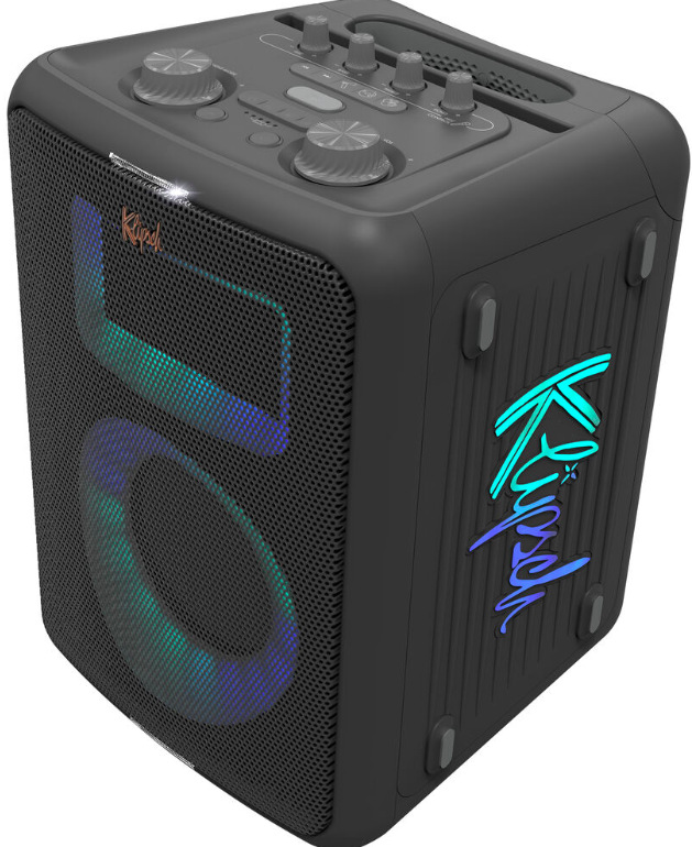 Párty reproduktor Klipsch Vegas čierny Bočná strana Party reproduktora Klipsch Vegas s podsvieteným logom a RGB efektmi