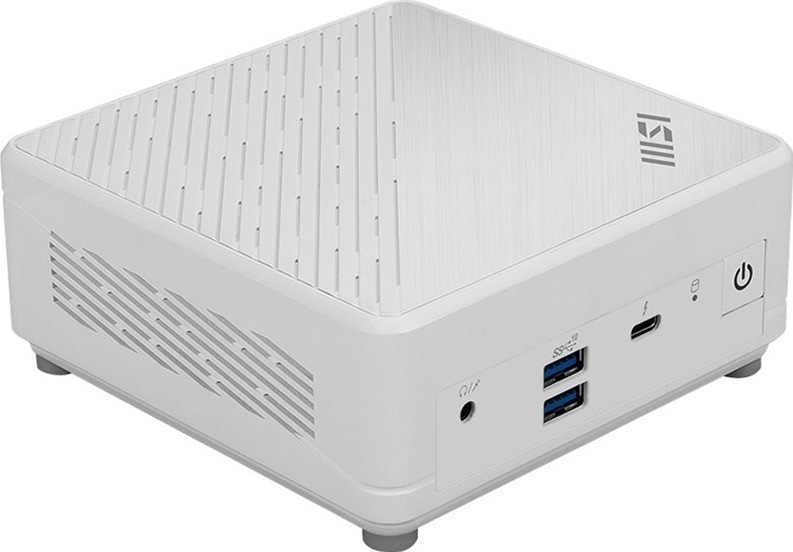 Mini PC MSI Cubi 5 zo šikmého pohľadu v bielom kompaktnom prevedení, s USB-A, USB-C, audio konektorom a tlačidlom napájania na čelnom paneli.