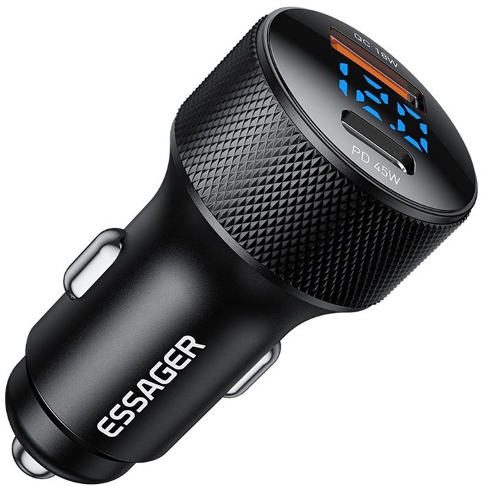 Adaptér do auta Essager s digitálnym displejom PD3.0 + QC3.0 45W v čiernej farbe