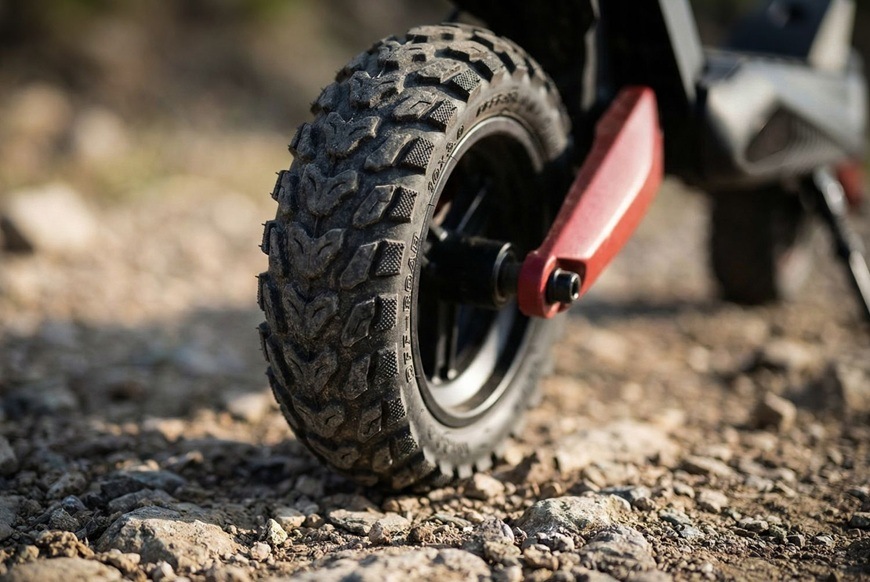 Elektrická kolobežka Sencor SCOOTER X40 čierna Detail terénne pneumatiky elektrickej kolobežky Sencor SCOOTER X40 na kamenistom povrchu.