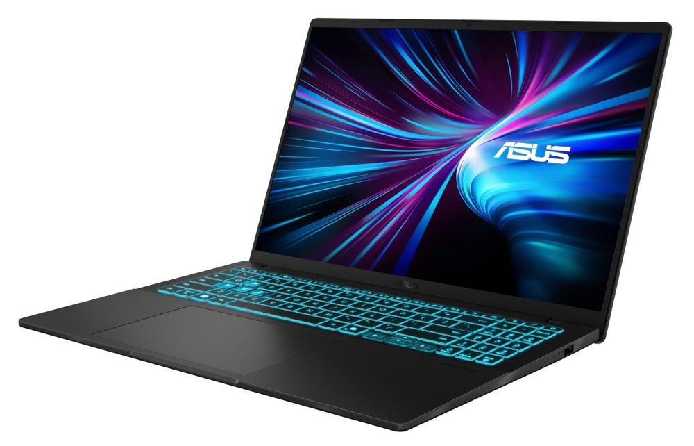 Notebook Asus V16 čierny Otvorený a zapnutý notebook Asus V16 otočený doľava