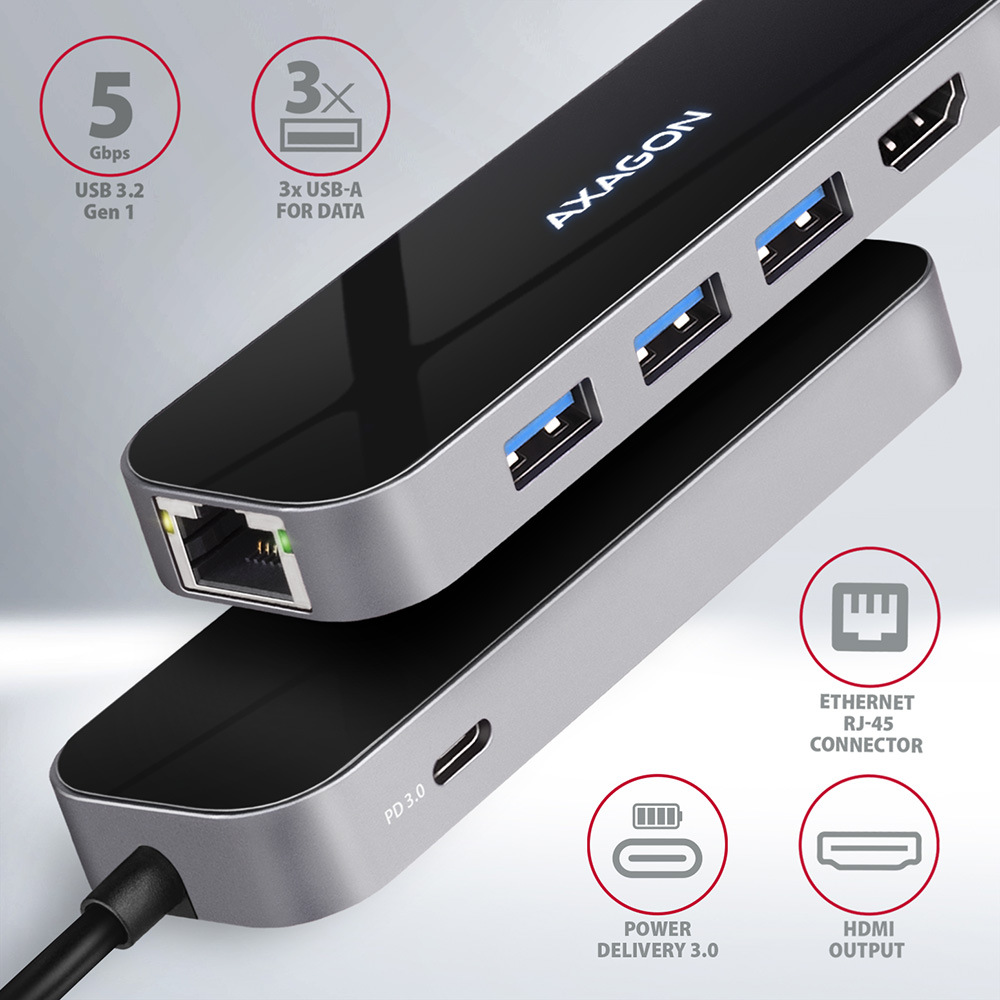 USB Hub Axagon USB 3.2 Gen 1 húb, 3x USB-A, HDMI 4k/60Hz, RJ-45 GLAN, PD 100W, kábel USB-C 20cm sivý USB Hub Axagon USB 3.2 Gen 1 húb, 3x USB-A, HDMI 4k/60Hz, RJ-45 GLAN, PD 100W, kábel USB-C 20cm sivý