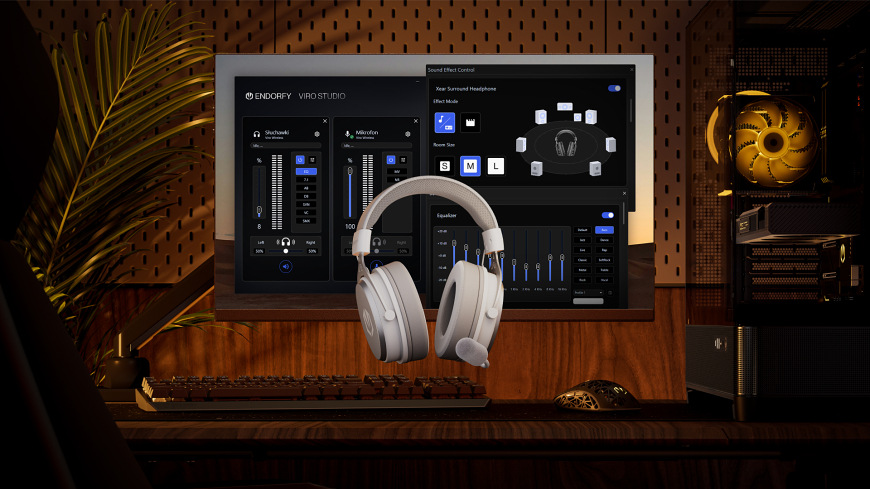 Headset ENDORFY VIRO Wireless Onyx White biely Headset ENDORFY VIRO Wireless v bielom prevedení zobrazený pred monitorom s aplikáciou na nastavenie zvuku a ekvalizéra