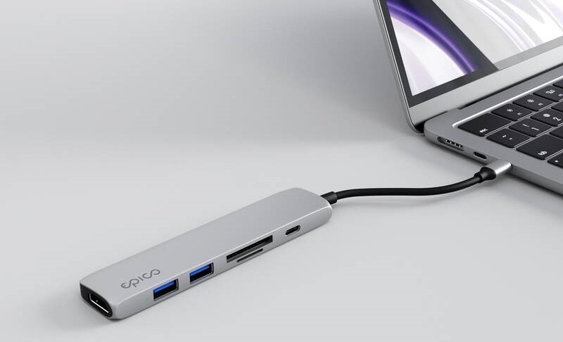 USB Hub Epico 6in1 Slim 8K USB-C/1×USB-C, HDMI, 3× USB 3.0 - strieborný