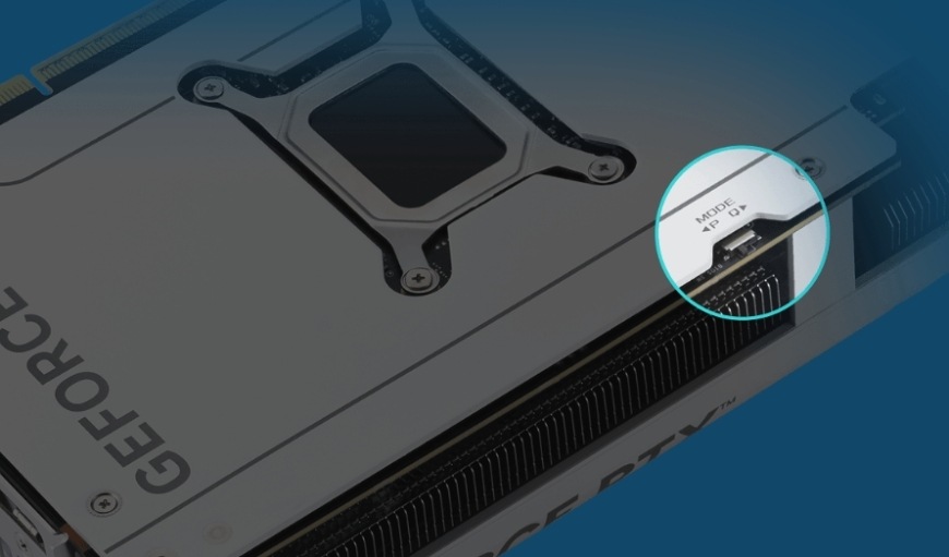 Grafická karta Asus Prime GeForce RTX 5070 OC White 12G biela Detail prepínača BIOS módov pre výkon a tichý chod grafickej karty