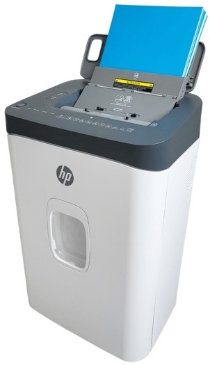 Skartovač HP OneShred Auto 200CC biely Skartovačka s vloženým farebným papierom pripraveným na zničenie.