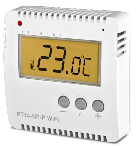 Termostat Elektrobock PT14-NP-P WiFi biely Detail displeja a ovládacích tlačidiel termostatu Elektrobock PT14-NP-P Wi-Fi