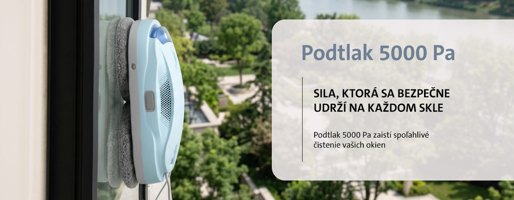 Robotický čistič okien ETA Finestro Smart 6329 90000 svetlo modrá Modrobiely robotický čistič okien v prevádzke na okne s textom Podtlak 5000 Pa – Sila, ktorá sa bezpečne udrží na každom skle.