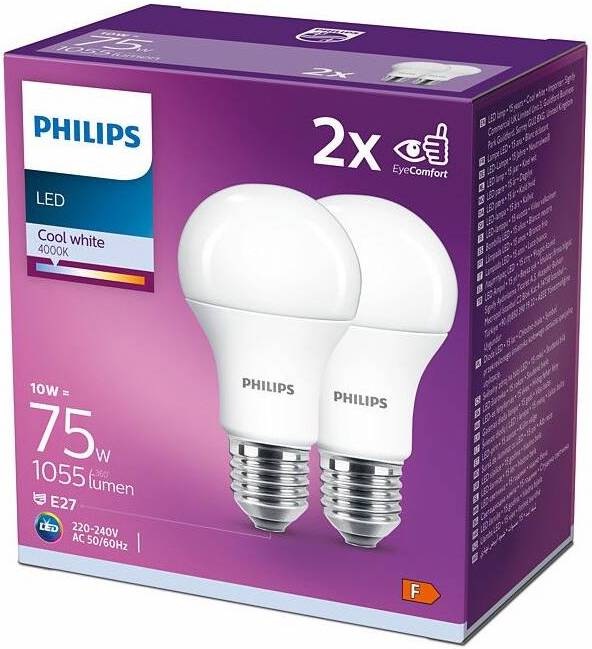 LED žiarovka Philips klasik, 10W, E27, studená biela, 2ks