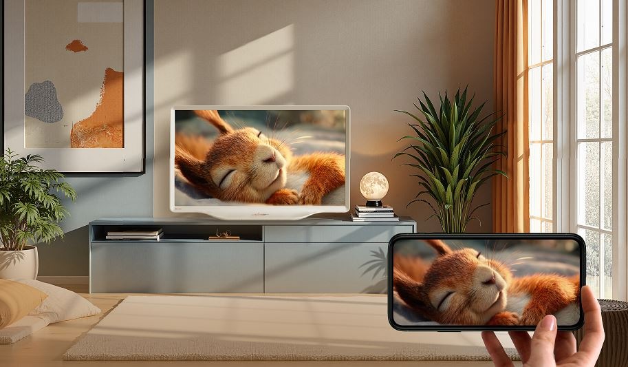 televízie Hisense 43S5Q a pred ňou telefón ako zobrazenie funkcie zdieľania obsahu. Na oboch obrazovkách je roztomilý zajačik.