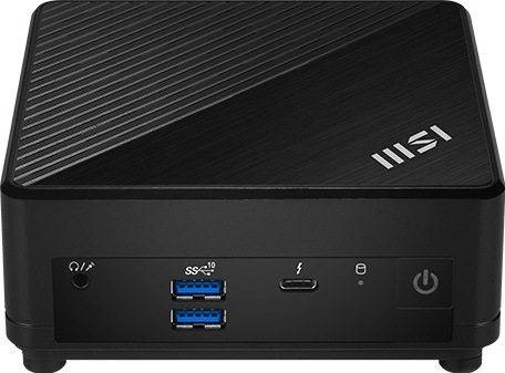 Mini PC MSI Cubi 5 spredu v čiernom prevedení, s dvoma USB-A, USB-C, audio konektorom a tlačidlom napájania.