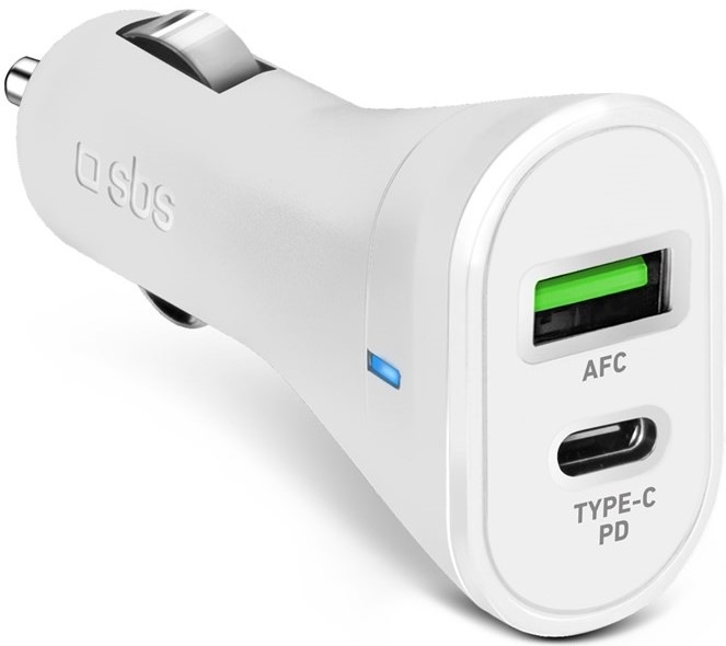 Adaptér do auta SBS USB-C PD 20 W/USB-A AFC 18 W - biela