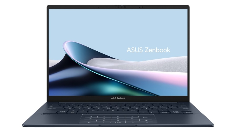 Notebook Asus Zenbook 14 OLED modrý Otvorený a zapnutý notebook Asus Zenbook 14 spredu