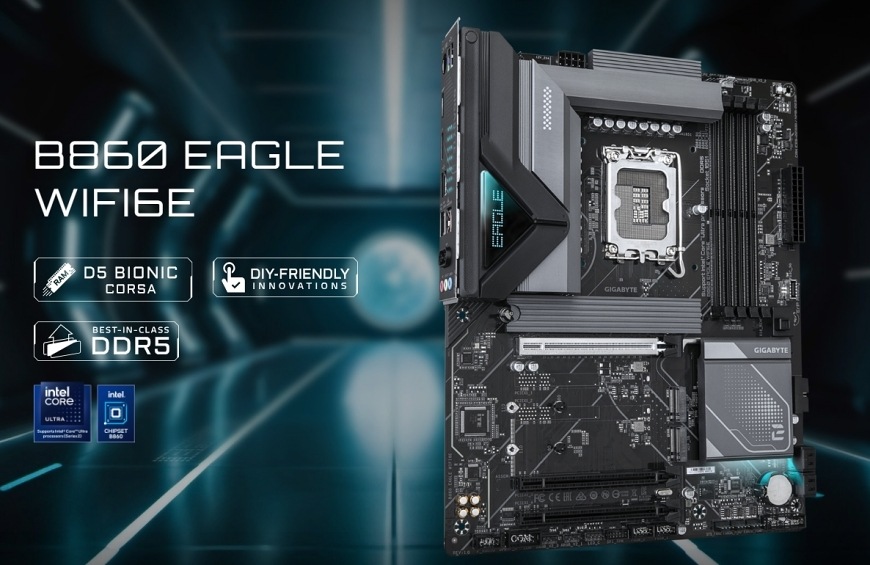 Základná doska GIGABYTE B860M EAGLE Základná doska Gigabyte B860M EAGLE prezentovaná v promo grafike s podporou DDR5