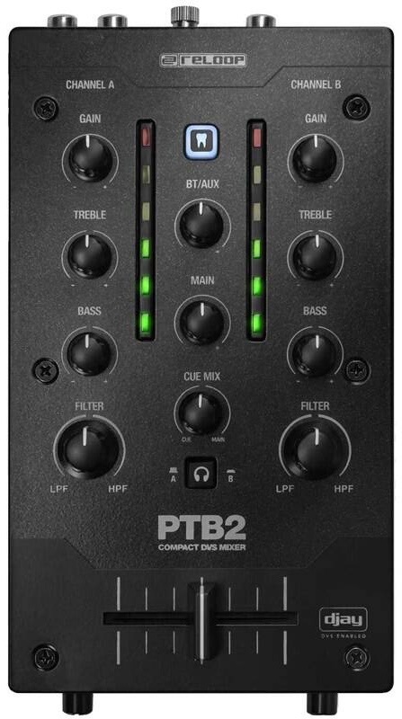 Mixážny pult Reloop PTB-2 v čiernom prevedení s ovládacími prvkami a crossfaderom