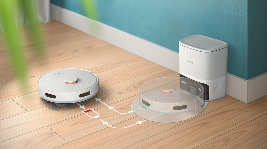 Robotický vysávač Philips 2000 Series XU2100/25 biely Vysávač Philips XU2100/25 2000 Series v nabíjajúcej stanici.