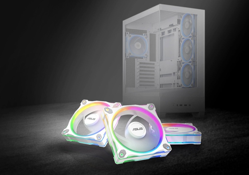 Ventilátor Asus PRIME MR120 ARGB Reverse White biely Podsvietené ventilátory Asus PRIME MR120 ARGB pred obrysom PC skrine
