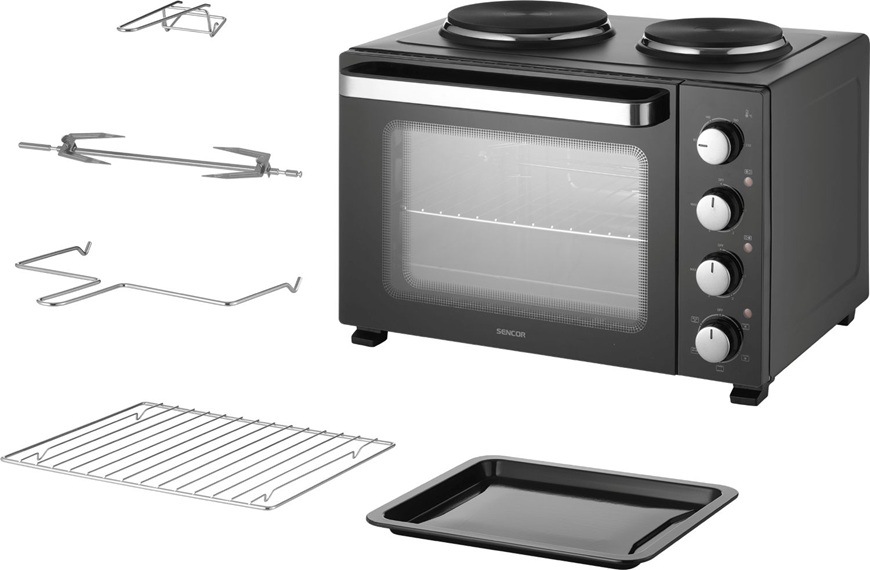Mini rúra Sencor SEO 2800BK s 2 platničkami a príslušenstvom.