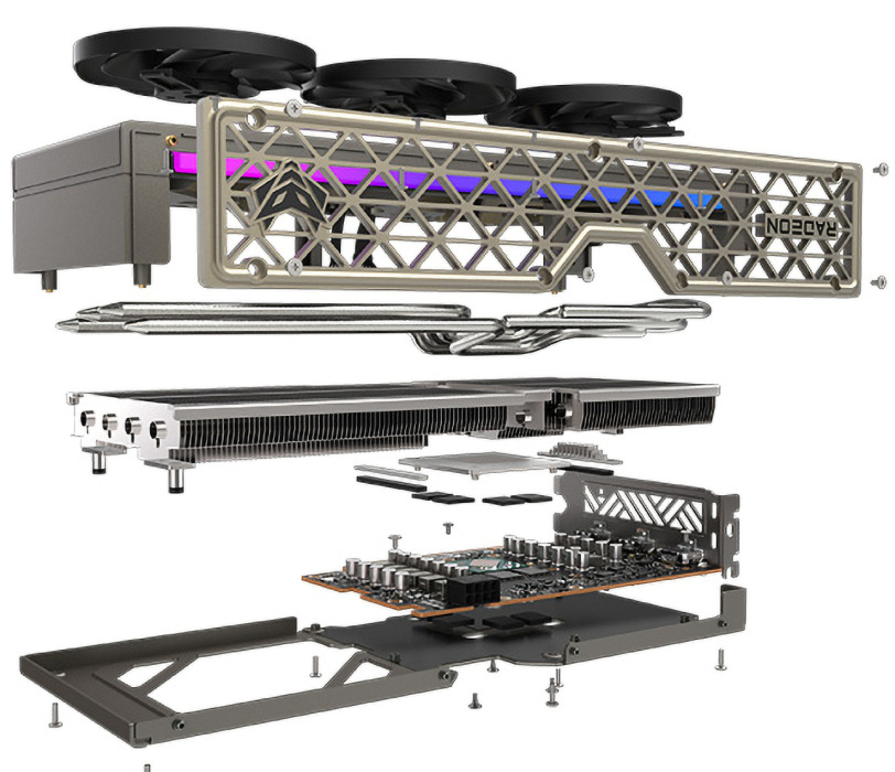 Grafická karta Sapphire Nitro+ AMD Radeon RX 9060 XT GAMING 16GB Explodované zobrazenie konštrukcie Sapphire Nitro+ RX 9060 XT ukazujúce vrstvy chladiča a komponentov
