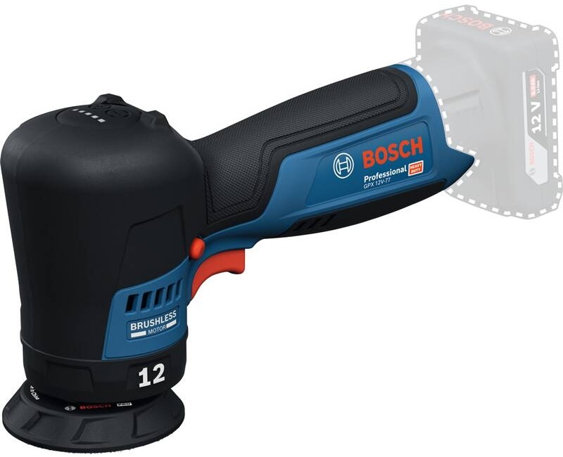 Leštička Bosch Professional GPX 12V-77 bez akumulátora v detailnom bočnom pohľade s viditeľným bezuhlíkovým motorom a ergonomickou rukoväťou