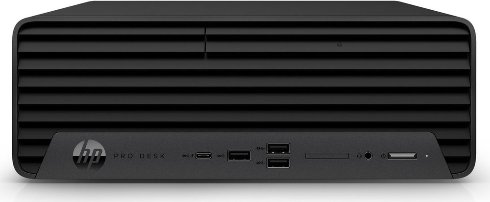 Stolný počítač HP Pro SFF 400 G9 čierny Na obrázku je čelný pohľad na kompaktný stolný počítač HP Pro SFF 400 G9 v čiernom prevedení. Hornú časť čela tvorí široká ventilačná mriežka s vodorovnými lamelami. V spodnej časti je šikmo zapustený ovládací panel s logom HP a nápisom ProDesk, ďalej s USB-C portom, tromi USB portami, úzkym slotom, konektorom pre slúchadlá, tlačidlom zapnutia a ďalším úzkym slotom vpravo.