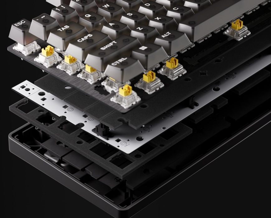 Klávesnica SteelSeries Apex Pro TKL Gen 3 Steel - US čierna Rozložená konštrukcia Apex Pro TKL Gen 3 Steel s krytkami, spínačmi, doskou a tlmiacimi vrstvami