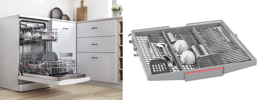 Otvorená umývačka Bosch SPV6EMX09E, flexibilné koše VarioFlex a príborová zásuvka
