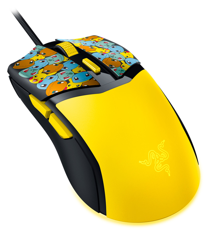 Herná myš Razer Cobra Pokémon Kanto Starters Edition s výrazným žltým dizajnom a motívmi Pokémonov