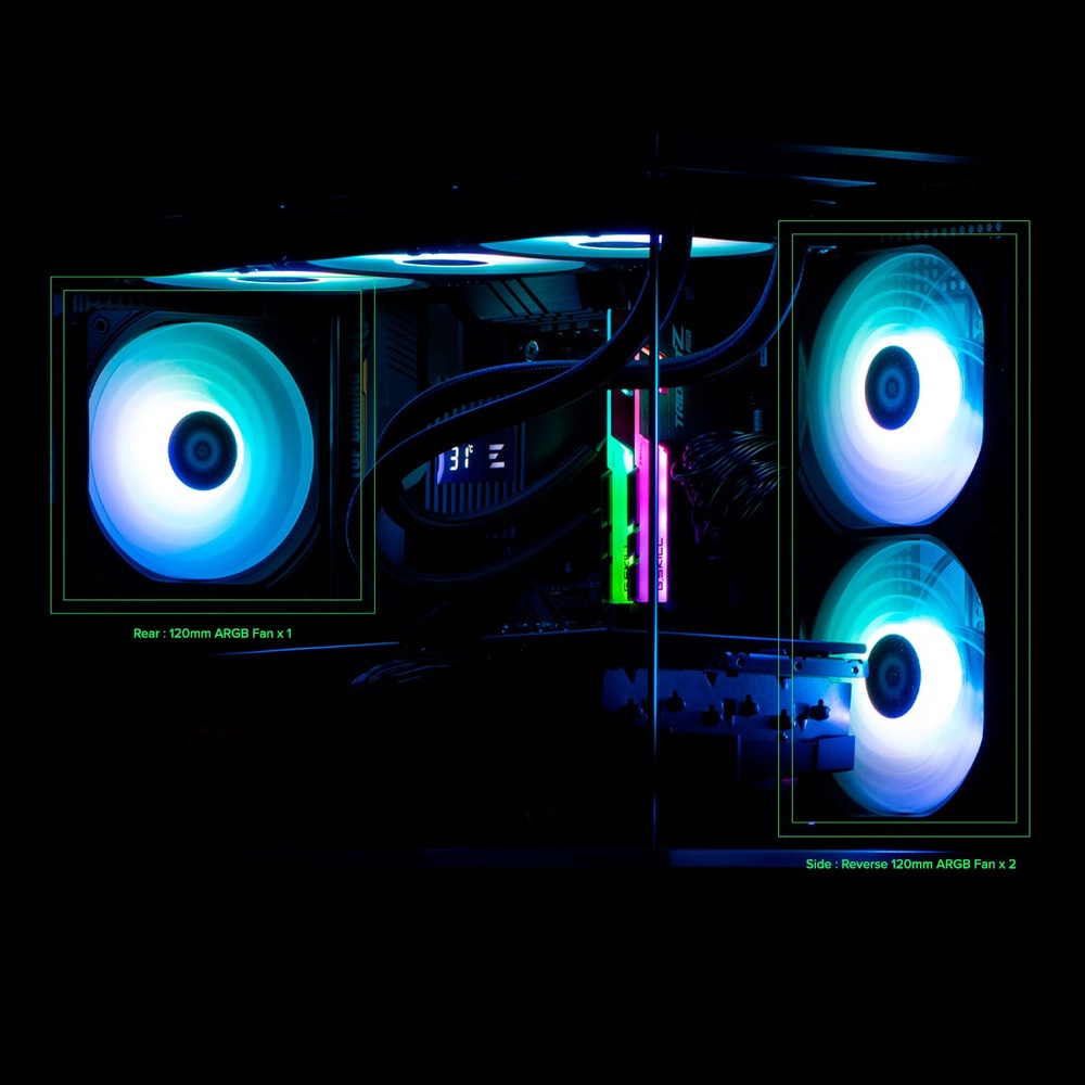 Vnútri tmavé počítačové skrine, žiariace odtiene modrých a fialových LED svetiel z troch RGB ventilátorov a RAM modulov, čo vytvára futuristický dojem.