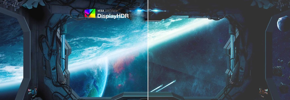 Herný monitor Acer Nitro XV345CURX čierny Obrazovka rozdelená na dve časti. Tá s textom VESA Display HDR je svetlejšia a druhá bez zapnutej funkcie je tmavšia.