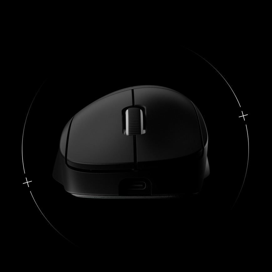 Pohľad spredu na myš Logitech G PRO X Superlight 2 DEX SE s rolovacím kolieskom a USB-C konektorom