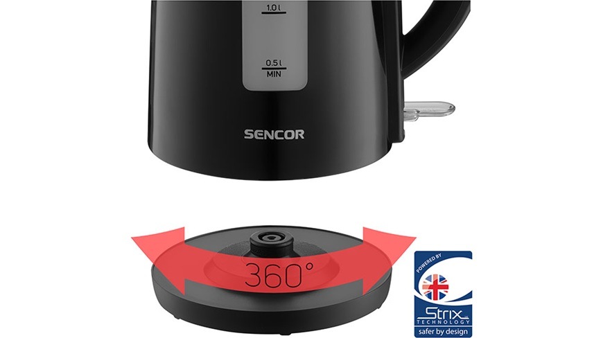 Rýchlovarná kanvica Sencor SWK 2710BK, 1,7 l čierna Detailný záber na spodnú časť rýchlovarnej kanvice Sencor SWK 2710BK a 360-stupňový podstavec.
