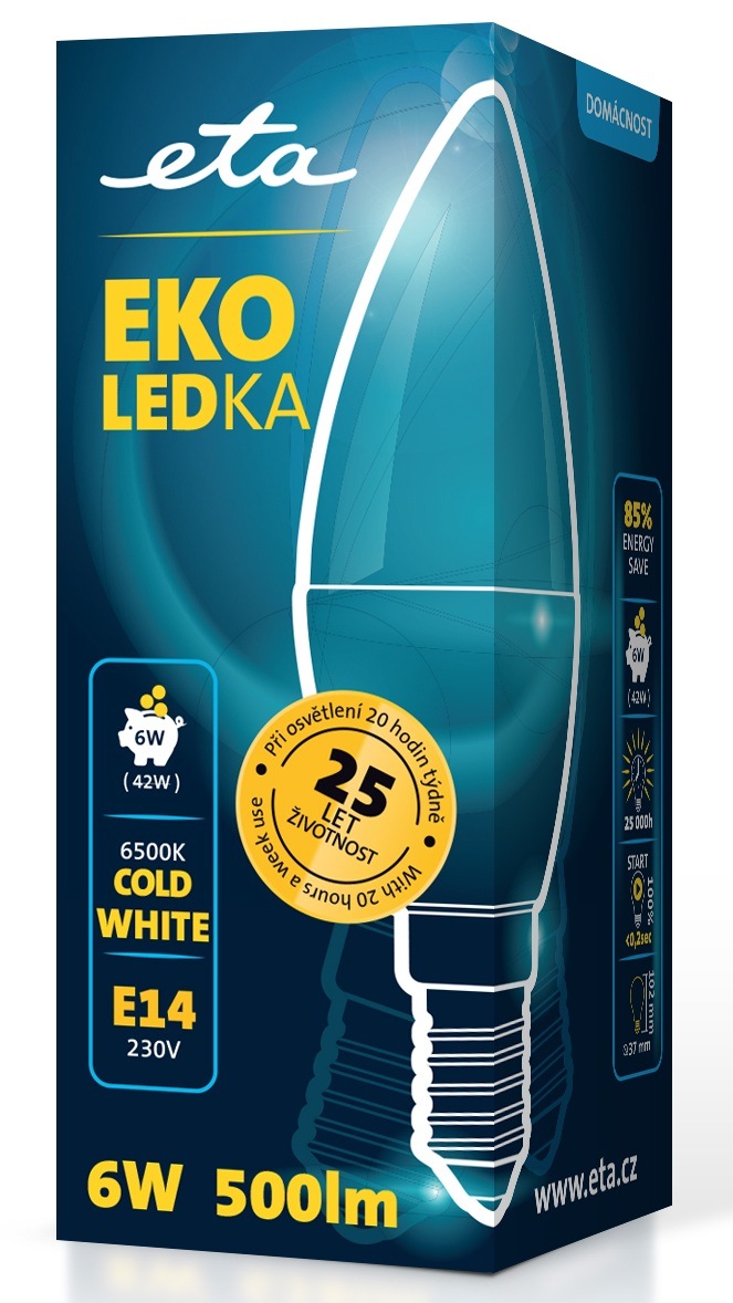 Modro-žltá krabička úspornej LED žiarovky ETA EKO LEDka E14 s informáciami o príkone 6W, svietivosti 500 lm a životnosti až 25 rokov