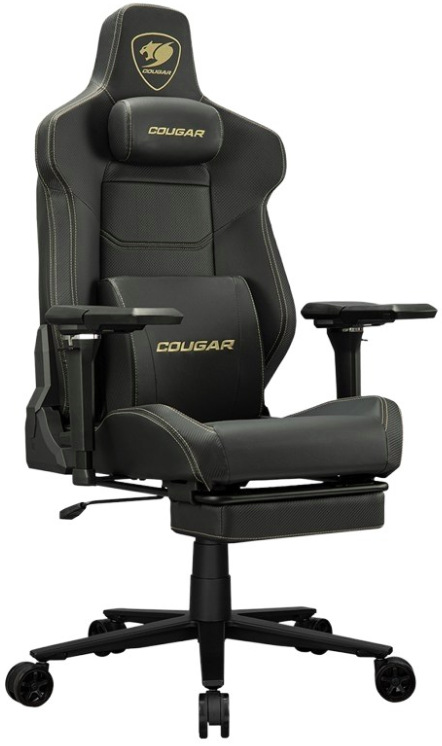 Herná stolička Cougar Armor Evo M s čierno-zlatým dizajnom a výsuvnou opierkou nôh