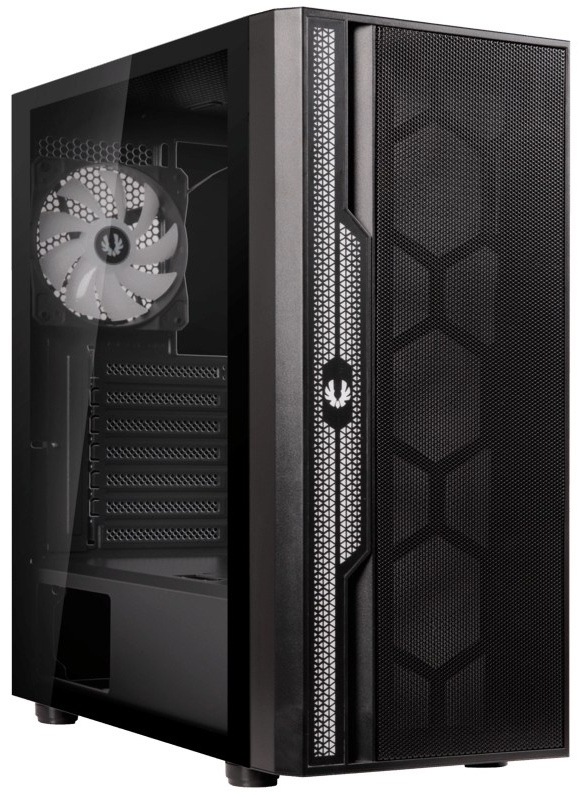 Pohľad na PC skriňa z ľavej prednej strany. Je vidieť vnútro ventilátor na zadnej stene. Tiež sú vidieť jemne perforované časti PC skrine - predné čelo, zadná stena s otvormi.
