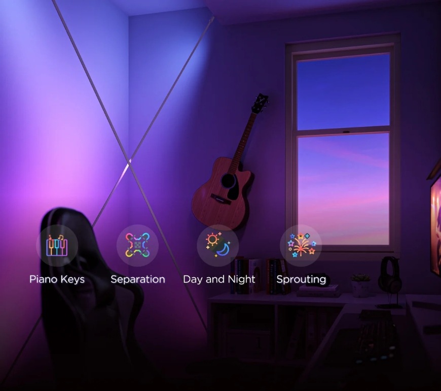 Gitara na stene a ikonky niektorých efektov LED pásky Govee Skyline RGBICWW