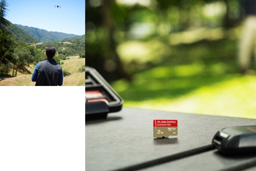 Pamäťová karta SANDISK Micro SDXC Extreme GO 256GB UHS-I U3 (240R/160W) Pamäťová karta SANDISK Extreme GO položená vedľa čítačky