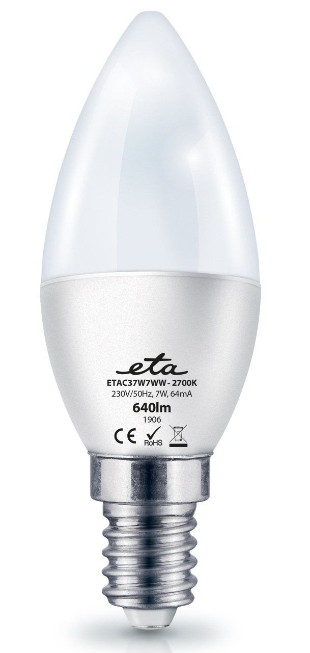 LED žiarovka ETA EKO LEDka sviečka 7W, E14, teplá biela Detail sviečkovej LED žiarovky ETA EKO LEDka 7W, 640 lm, s päticou E14 a jasne viditeľnými technickými údajmi o príkone, svietivosti a farebnej teplote 2700K na báze žiarovky.