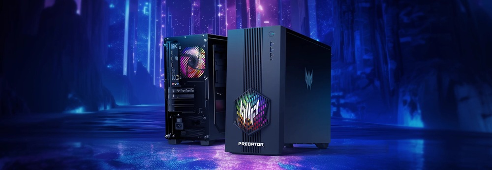 Predná a zadná strana herného počítača s RGB osvetlením na futuristickom neónovo modrom pozadí. Jedna odhaľuje farebné ventilátory, druhá má nasvietené logo na prednej strane.